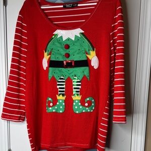Onque Casuals Red Scoop Neck Sweater with Green Elf Motif
